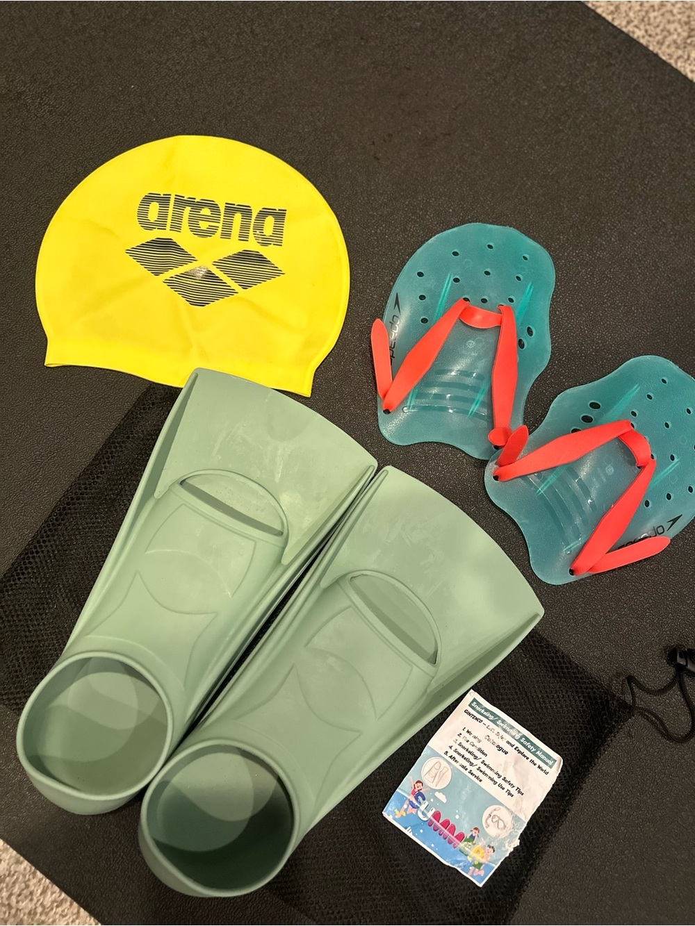 Arena Yellow Swim Cap + Aqua Green Short Fins+ Speedo Paddles